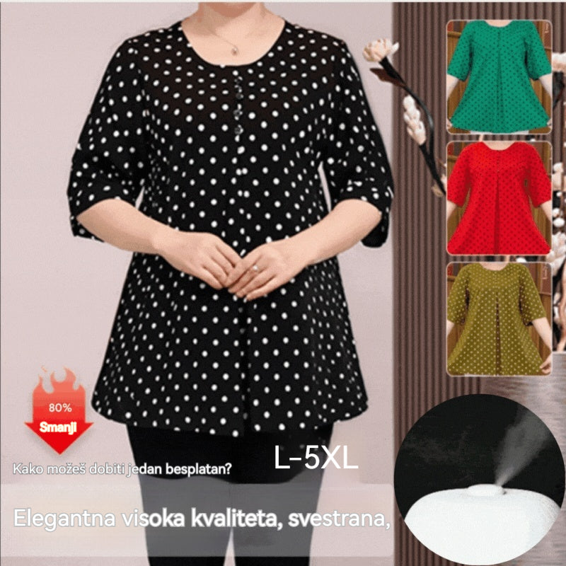 ❤️【L-5XL】Novo ljetno žensko majica s točkastim printom 2026 ✅ Pokriva trbuh i čini vas vitkima ✅ Tkanina je udobna i neće izblijediti
