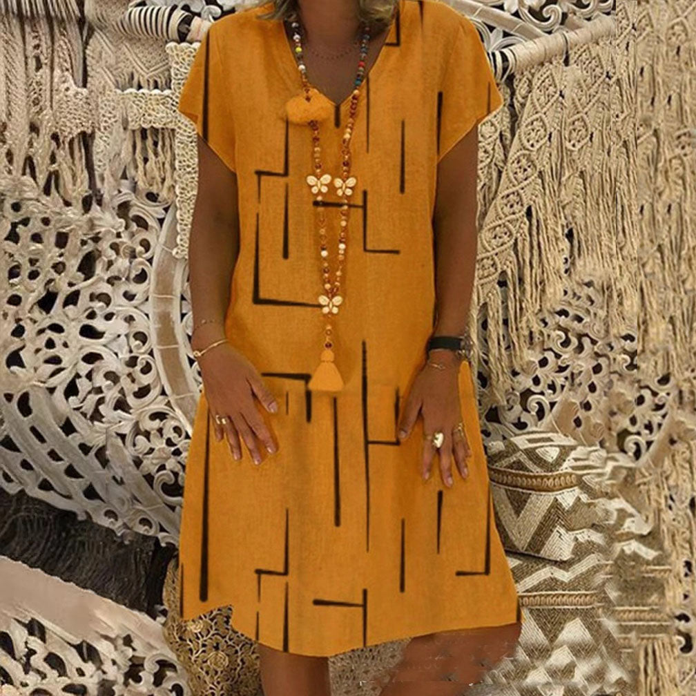 【50% OFF】【S-5XL】Haljina od pamuka i lana s V-izrezom i printom