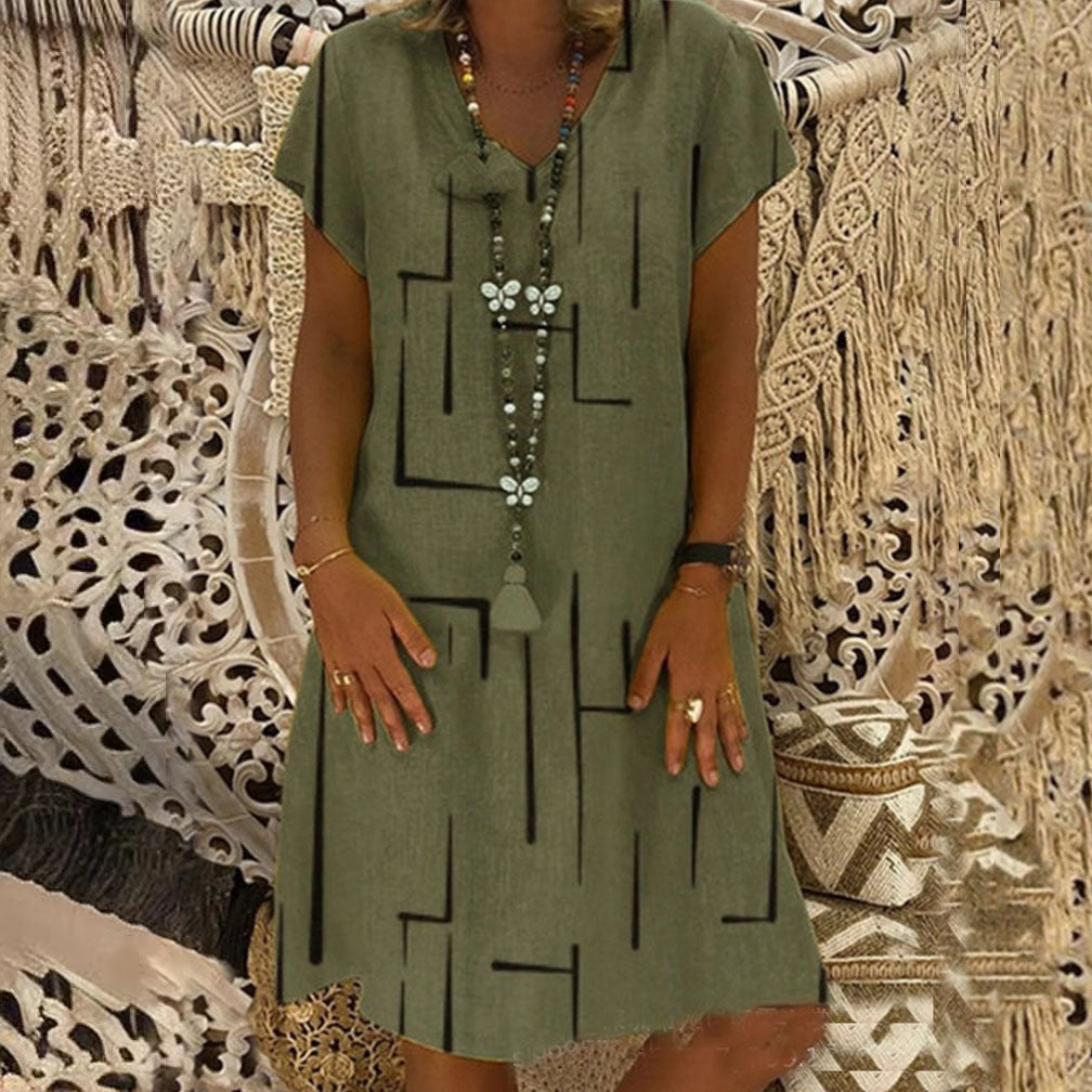 【50% OFF】【S-5XL】Haljina od pamuka i lana s V-izrezom i printom