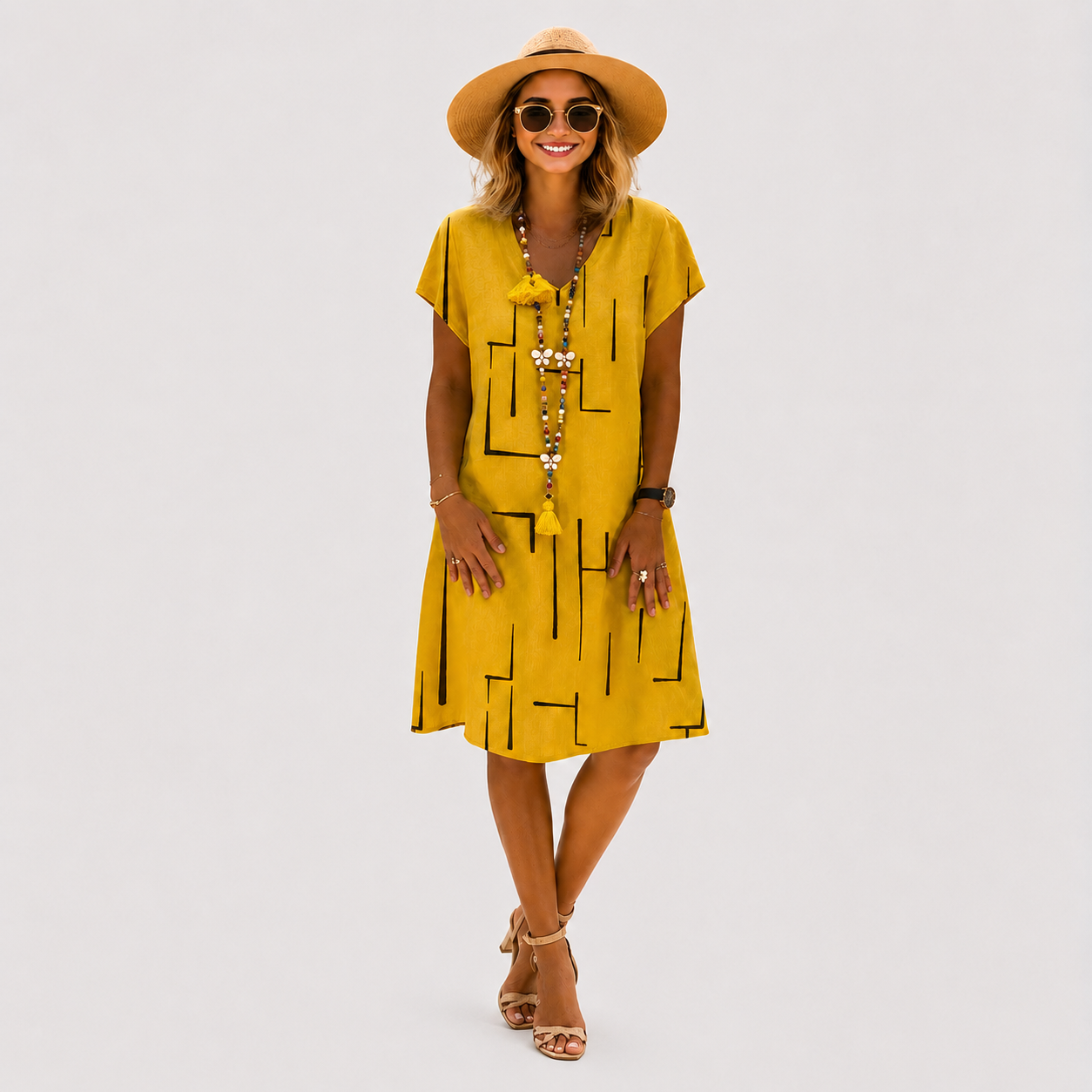 【50% OFF】【S-5XL】Haljina od pamuka i lana s V-izrezom i printom